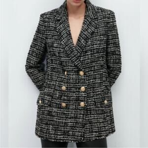 Zara Black Double Breasted Textured Tweed Blazer Small